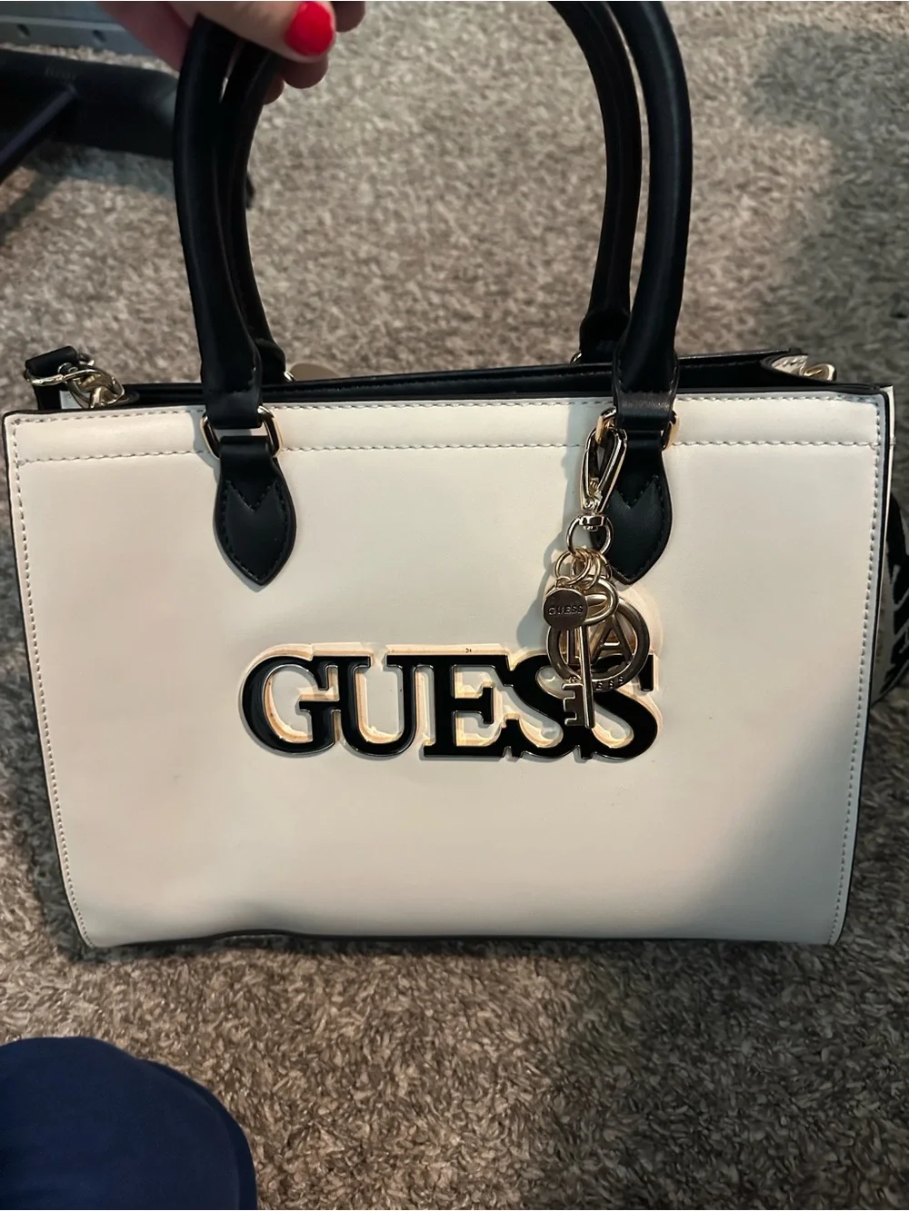 Guess White and Black Logo Satchel with Gold Charm